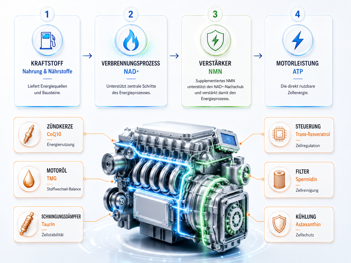 Motorlogik des NiuCell Zellenergie-Systems mit NMN, NAD⁺, ATP und sechs Optimizer-Funktionen