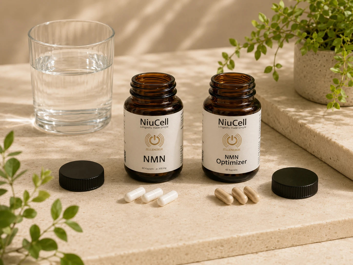 NiuCell NMN und NMN Optimizer mit Kapseln und einem Glas Wasser