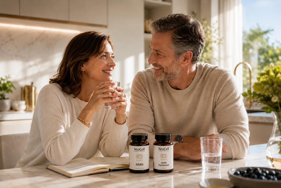 Paar mit NiuCell NMN und NMN Optimizer in einer Morgenroutine