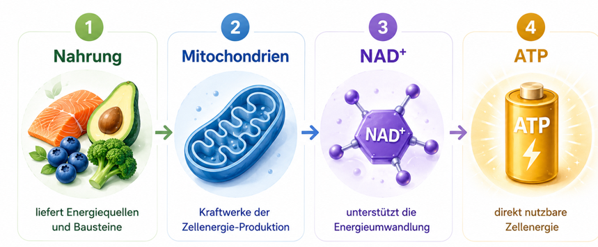 Die Grundlogik der Zellenergie von Nahrung über Mitochondrien und NAD⁺ bis ATP
